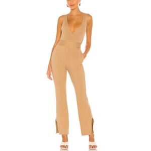 Majorelle Knit Jumpsuit Camel XS  Deep V Ribbed Pockets Split Hem Boho $218 NEW